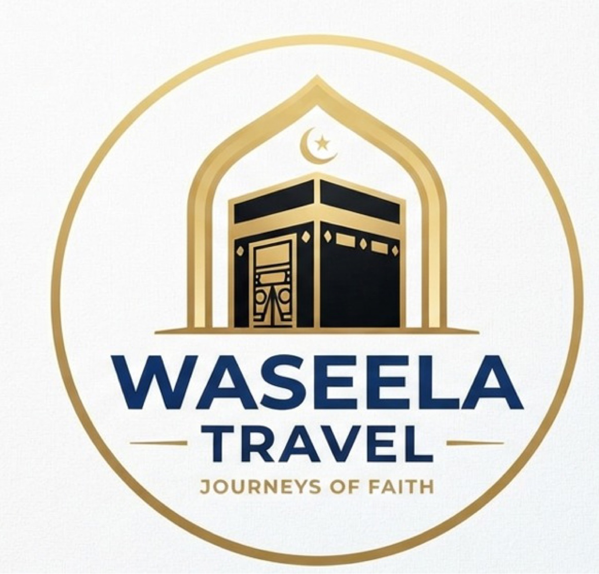 Waseela Travel logo — the Kaaba within a golden arch